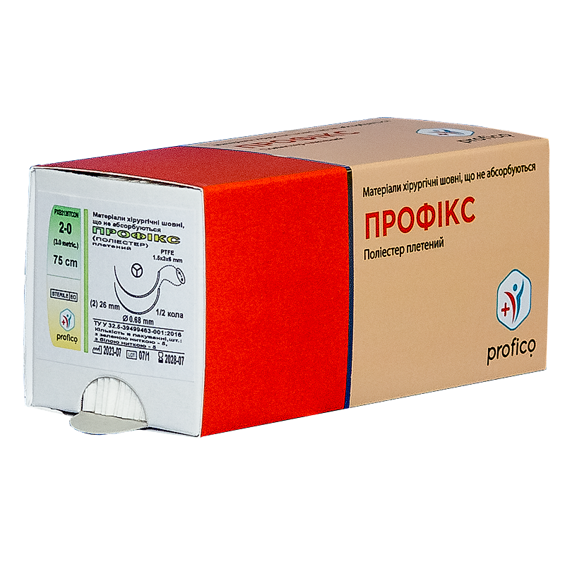Профікс (Поліестер, з PTFE прок), USP 2/0, 75 см; 2 кол-ріж голки 1/2 кол, 26 мм